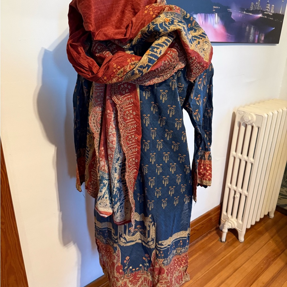 Blue & Rust Embroidered Ethnic Tunic with Scarf - Picture 2 of 2